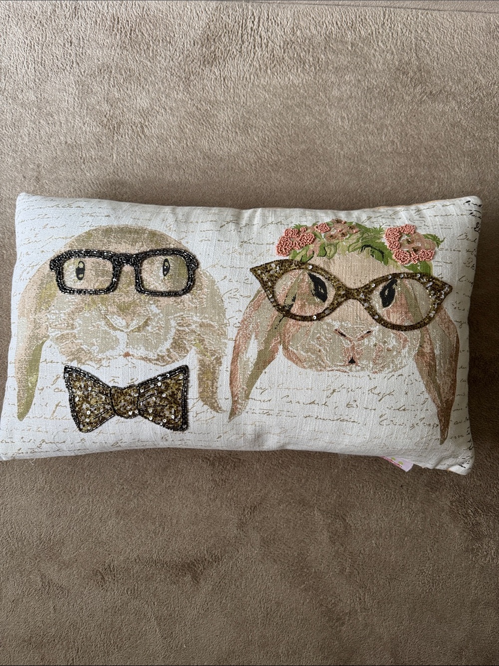 Spring Easter Bunny Pillow Lumbar Beaded Pillow Cute Glasses Bow Tie Rabbit